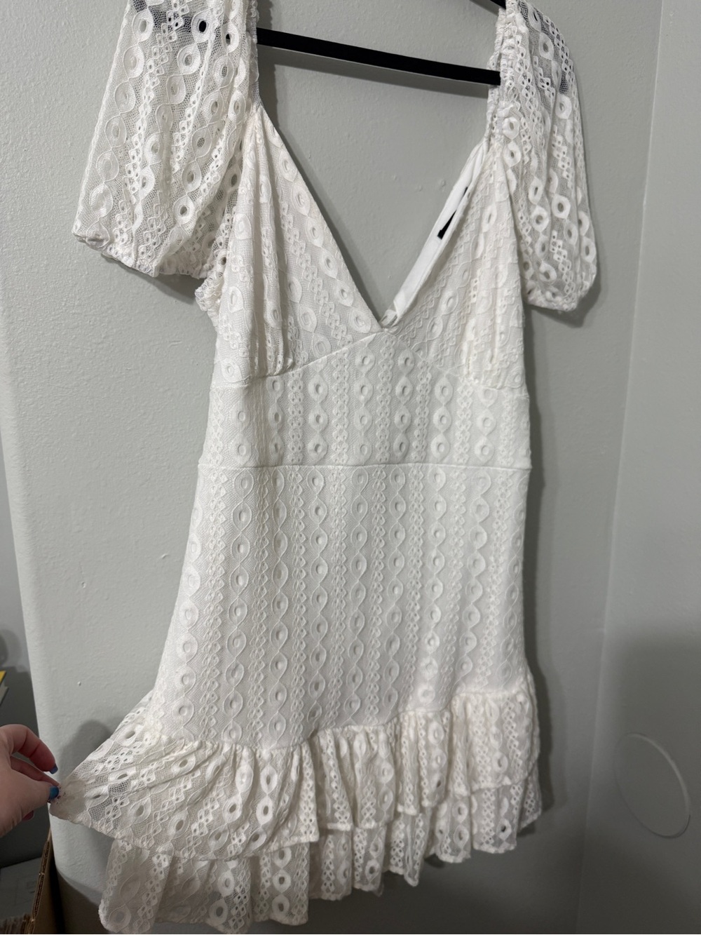 Double Crazy White Lace V-Neck Puff Sleeve Ruffle Lace Mini Dress Tie Back 3XL